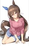  1girl absurdres admire_vega_(umamusume) alternate_costume animal_ears arm_support blue_shorts breasts brown_hair closed_mouth commentary_request dot_nose ear_covers highres horse_ears horse_girl horse_tail long_hair looking_at_viewer low_ponytail medium_breasts pink_sweater red_eyes shorts simple_background single_ear_cover sitting sleeves_rolled_up smile solo sunny_(20597521) sweater tail thighs umamusume white_background yokozuwari 