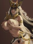  1girl animal_ears bar_censor black_hair blunt_bangs breasts brown_background censored circlet dark-skinned_female dark_skin detached_sleeves egyptian_clothes english_commentary gold_choker grabbing_own_breast green_eyes highres huge_breasts jackal_ears jeneral last_origin leaning_forward long_hair looking_at_viewer mixed-language_commentary mole mole_on_breast navel nipple_chain nipple_piercing nipple_rings nipples paid_reward_available parted_lips piercing pointy_ears see-through see-through_sleeves sekhmet_of_death simple_background solo thighlet veil very_long_hair white_headdress 