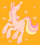  2022 accessory arthropod artist_name blonde_hair blonde_mane bow_ribbon butterfly cloven_hooves cutie_mark digital_drawing_(artwork) digital_media_(artwork) earth_pony equid equine eyelashes female feral flat_colors flutterbutter_(mlp) fur greengrizz hair hair_accessory hair_bow hair_ribbon hasbro heart_(marking) hi_res hooves horse insect legs_up lepidopteran long_ears looking_up mammal mane markings mlp_g3 multicolored_hair multicolored_mane multicolored_tail my_little_pony on_snout orange_background pink_body pink_eyes pink_fur pink_hair pink_hair_bow pink_hooves pink_mane pink_tail pony quadruped ribbons simple_background smile smiling_at_another solo tail wings yellow_tail yellow_wings 