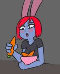  2018 4_fingers abbie_(chelodoy) animated big_ears blue_fur bowl breasts carrot chelodoy digital_media_(artwork) eating female food fur grey_background hair lagomorph mammal rabbit reaction_image red_hair simple_background solo vegetable 