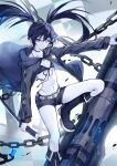  1girl belt bikini black_bikini black_footwear black_hair black_jacket black_rock_shooter black_rock_shooter_(character) black_shorts black_tank_top blue_fire cannon chain colored_skin fire flaming_eye highres jacket katana long_hair multiple_scars murumuru_(pixiv51689952) scar shorts solo swimsuit sword tank_top twintails weapon 