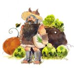  1boy bag beard blush brown_hair dungeon_meshi dwarf facial_hair fake_horns farmer full_body golem harvest hat helmet horned_helmet horns long_beard looking_up male_focus monster nadesgram pumpkin senshi_(dungeon_meshi) shoulder_bag solo standing sun_hat thick_mustache very_long_beard 