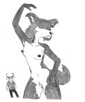 absurd_res anthro antlers beastars blush breasts canid canine canis cheek_tuft clothing collarbone dancing deer efradraws erection erection_under_clothing facial_tuft genitals graphite_(artwork) hi_res horn juno_(beastars) louis_(beastars) mammal monochrome navel nipples nude pencil_(artwork) presenting presenting_pussy pussy traditional_media_(artwork) tuft wolf