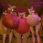  3d_(artwork) animatronic anonymousfm anthro belly big_belly big_breasts blender_cycles breasts canid canine digital_media_(artwork) english_text female five_nights_at_freddy&#039;s five_nights_at_freddy&#039;s_2 fox group hair hi_res looking_at_viewer machine mammal mangle_(fnaf) mangle_(psychojohn2) mayternity nipples nude pregnant pregnant_anthro pregnant_female robot scott_cawthon scottgames text trio white_body yellow_eyes 
