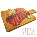  absurdres cutting_board food food_focus food_name highres kanou_(pixiv_37964562) meat no_humans original painting_(medium) potato steak tomato traditional_media vegetable watercolor_(medium) 