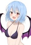  1girl :d absurdres arms_at_sides bat_wings bikini black_bikini blue_hair blush breasts cleavage collarbone commentary_request curvy eyelashes floating_hair hair_between_eyes hair_intakes halterneck happy highres looking_at_viewer medium_breasts medium_hair navel no_headwear open_mouth red_eyes remilia_scarlet simple_background smile solo straight_hair swimsuit szl touhou tsurime upper_body white_background wings 