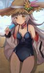  arm_at_side azur_lane bangs bare_shoulders beach blue_swimsuit blurry blurry_background blush breasts brown_eyes brown_hat casual_one-piece_swimsuit closed_mouth collarbone commentary_request covered_navel cowboy_shot day depth_of_field eyebrows_visible_through_hair flipped_hair flower food frilled_swimsuit frills grey_hair groin hand_up hat hat_flower highres hips holding holding_food iron_cross jacket jewelry leg_tattoo light_frown long_hair long_sleeves looking_at_viewer mole mole_under_eye necklace off_shoulder one-piece_swimsuit open_clothes open_jacket orange_flower outdoors popsicle ribbon sand shadow small_breasts solo straw_hat sun_hat swimsuit tattoo thighs twitter_username very_long_hair white_jacket white_ribbon yu_ni_t z46_(azur_lane) 