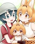  :&lt; animal_ears backpack bag bib black_gloves blue_eyes blue_hair blush closed_mouth commentary elbow_gloves eyebrows_visible_through_hair gloves helmet kaban_(kemono_friends) kemono_friends looking_at_another looking_at_viewer migu_(migmig) multiple_girls open_mouth orange_eyes orange_hair parted_lips pith_helmet red_shirt serval_(kemono_friends) serval_ears shirt short_hair smile white_gloves 