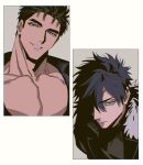  2boys bara black_hair blue_eyes burn_scar bursting_pectorals domo_(domo_kizusuki) eyelashes fur-trimmed_jacket fur_trim grey_eyes hair_over_one_eye highres jacket kokado_shido_(domo) kokuryu_kai_(domo) large_pectorals looking_at_viewer male_focus multiple_boys muscular muscular_male original pectoral_cleavage pectorals portrait scar scar_on_face shirt short_hair sideburns simple_background smile spiked_hair thick_eyebrows tight_clothes tight_shirt 