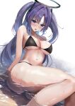  1girl :o absurdres bikini black_bikini blue_archive blush breasts cleavage collarbone commentary_request eitei_(20041204) feet_out_of_frame halo highres long_hair looking_at_viewer mechanical_halo medium_breasts navel open_mouth parted_bangs purple_hair sidelocks solo swimsuit teeth thick_thighs thighs two_side_up underboob upper_teeth_only wet yuuka_(blue_archive) 