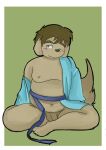 2017 anthro asian_clothing balls bedroom_eyes blush border brown_body brown_fur canid canine canis clothed clothing domestic_dog east_asian_clothing flaccid fur genitals green_background humanoid_genitalia humanoid_penis japanese_clothing kimono looking_at_viewer male mammal moobs narrowed_eyes nipples one_eye_closed one_eye_half-closed open_clothing open_kimono overweight penis pinoren seductive simple_background sitting solo tail white_border