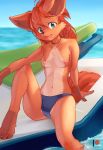 ancesra anthro bikini breasts canine clothed clothing female fur hair looking_at_viewer mammal multi_tail nintendo nipples open_mouth pok&eacute;mon pok&eacute;mon_(species) red_hair sitting solo spread_legs spreading swimsuit topless video_games vulpix 