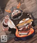  1boy beard blush bread brown_hair cooking discreetlydraw dungeon_meshi dutch_angle dwarf egg_(food) facial_hair fake_horns food helmet horned_helmet horns loaf_of_bread long_beard male_focus sandwich senshi_(dungeon_meshi) solo sparkling_aura thick_mustache upper_body very_long_beard wok 