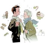  2boys ^_^ aziraphale_(good_omens) black_pants blue_scarf brown_coat brown_hair brown_jacket candy candy_cane chibi chibi_inset christmas closed_eyes closed_mouth coat coffee_cup commentary cropped_legs crowley_(good_omens) cup disposable_cup food gingerbread_man good_omens green_eyes grey_scarf grin hand_on_another&#039;s_chest hand_up highres holding holding_cup holly jacket long_sleeves looking_at_another looking_to_the_side male_focus multiple_boys objectification pants robodumpling scarf shared_clothes shared_scarf short_hair simple_background slit_pupils smile snowman steam symbol-only_commentary very_short_hair white_background white_hair winter yaoi 