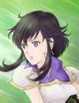  1girl armor black_hair breastplate chatarou_(chatachata0201) earrings fire_emblem fire_emblem:_genealogy_of_the_holy_war gloves hair_between_eyes jewelry larcei_(fire_emblem) open_mouth portrait purple_eyes purple_tunic serious short_hair shoulder_armor sidelocks simple_background solo tunic 