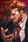  1boy beard brown_hair collared_shirt facial_hair guilty_gear guilty_gear_strive hungry_clicker looking_at_viewer male_focus monocle mustache necktie red_eyes red_necktie shirt short_hair slayer_(guilty_gear) smirk solo spiked_hair suit upper_body white_shirt 