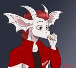 absurd_res anthro cigarette cigarette_in_mouth clothed clothing digital_media_(artwork) dragon hair hi_res horn male mythological_creature mythological_scalie mythology object_in_mouth rinkamo scalie signature simple_background solo text topwear