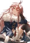  1girl animal_ears black_thighhighs blue_jacket bone_hair_ornament boots braid brown_eyes brown_footwear brown_hair dog_ears dog_girl fagi_(kakikaki) fur-trimmed_boots fur-trimmed_jacket fur-trimmed_skirt fur_trim hair_ornament head_rest hololive inugami_korone inugami_korone_(viking) jacket long_hair looking_at_viewer official_alternate_costume red_skirt single_braid skirt smile solo thighhighs virtual_youtuber 