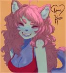  2024 ahoge anthro autograph blue_body blue_fur border breasts canid canine canis character_signature cleavage clothed clothing domestic_dog eyes_closed female fluffy fluffy_hair fur hair hi_res husky kolae kolae_(character) mammal nordic_sled_dog pink_hair red_clothing red_topwear shaded smile solo spitz teeth tongue tongue_out topwear 