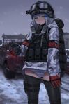  1girl absurdres backpack bag black_pantyhose blunt_bangs blush camouflage camouflage_jacket canteen car clothes_pull commentary_request facial_mark girls&#039;_frontline gloves goggles goggles_on_headwear green_eyes grey_hair hair_ornament helmet highres hk416_(fang)_(girls&#039;_frontline) hk416_(girls&#039;_frontline) holding holding_canteen jacket kuro_(zhurunbo1997) last_man_battalion long_hair long_sleeves looking_at_viewer military military_uniform motor_vehicle outdoors panties pantyhose pantyhose_pull pickup_truck pulled_by_self red_gloves respirator snow snowing striped_clothes striped_panties sweat teardrop thigh_strap tom_clancy&#039;s_the_division truck underwear uniform vest winter_uniform 