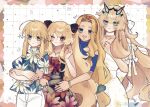  ahoge anne_bonny_(fate) artoria_pendragon_(fate) artoria_pendragon_(lancer)_(fate) barghest_(fate) blonde_hair breasts chin_piercing dress fate/grand_order fate_(series) floral_print green_eyes highres large_breasts long_hair looking_at_viewer multicolored_eyes multiple_girls noa_pisces quetzalcoatl_(fate) red_eyes smile white_background white_dress 