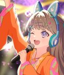  1girl ;d absurdres animal_ear_headphones animal_ears arm_up blue_headphones blurry blurry_background brown_hair cat_ear_headphones commentary fake_animal_ears falling_petals flower fujishima_megumi hair_ornament hairclip headphones hi_(rurimeg) highres holding holding_microphone identity_(love_live!) japanese_clothes jewelry kimono link!_like!_love_live! long_hair long_sleeves love_live! microphone necklace one_eye_closed orange_kimono petals purple_eyes purple_flower purple_petals smile solo star_(symbol) star_hair_ornament teeth triangle_hair_ornament two_side_up upper_body upper_teeth_only virtual_youtuber wide_sleeves 