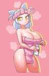  1girl animal_ears areola_slip bottle bow breasts cat_ears cleavage collarbone cowboy_shot drink food fruit headband hello_kitty hello_kitty_(character) holding holding_bottle holding_drink humanization large_breasts milk_bottle minuspal naked_towel parted_lips pink_background pink_headband pink_towel sanrio short_hair solo sparkle steam strawberry towel wet white_hair yellow_eyes 