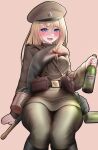  1girl absurdres ammunition_pouch baton_(weapon) belt blanket blonde_hair blue_hair blush boots bottle bow brown_shirt canteen drunk girls&#039;_frontline glass_bottle hair_bow hand_on_chair hat highres holding holding_bottle looking_at_viewer military_hat military_uniform mosin-nagant_(girls&#039;_frontline) neptune_zx pouch red_bow russian_clothes shirt sitting solo uniform wariza weapon 