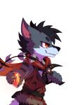 absurd_res anthro black_hair canid canine chain_sword clothed clothing elemental_creature firedog firestone fur grey_body grey_fur hair hi_res invalid_tag luxuria male mammal melee_weapon orange_eyes padded_palms pawpads paws pink_pawpads razor_(razim) razor_the_firedog stripes sword tail weapon