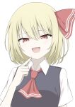  1girl :d absurdres ascot black_vest blonde_hair blush bright_pupils collared_shirt commentary eyelashes hair_between_eyes hair_ribbon hand_up highres index_finger_raised mesugaki open_mouth raised_eyebrows red_ascot red_eyes red_ribbon ribbon rumia shirt short_hair short_sleeves simple_background smile smug solo straight_hair szl touhou tsurime upper_body vest white_background white_shirt 