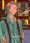  1boy absurdres adam&#039;s_apple blurry blurry_background cigarette green_shirt highres kagurabachi male_focus medium_hair outdoors pocket shiba_tougo shirt smoking solo standing suspenders twitter_username upper_body wakattenaiyo_36 