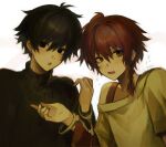  2boys :o androgynous artist_name black_hair black_sweater braid collarbone cuffs drek2xme earrings fang grey_eyes handcuffs jewelry long_sleeves looking_at_viewer looking_to_the_side maeno_aki male_focus multiple_boys open_mouth red_hair shared_handcuffs shirt short_hair simple_background skin_fang sweater tsugino_haru turtleneck turtleneck_sweater white_background white_shirt zeno_(game) 
