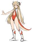  1girl absurdres artist_request bare_shoulders blonde_hair boots breasts clothing_cutout concept_art dragon_girl dragon_horns dragon_tail english_commentary expressionless full_body godgear_ragdrahod highleg highleg_leotard highres horns leotard long_hair mechanical_horns red_eyes second-party_source sketch small_breasts solo stomach_cutout tail very_long_hair 