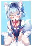  1girl absurdres ahoge animal_ear_fluff animal_ears animal_feet animal_hands blue_background blue_eyes blue_hair blue_one-piece_swimsuit blush bow collar glasses hair_bow hair_ornament hairclip heterochromia highres komugi_(2212) looking_at_viewer medium_hair one-piece_swimsuit original red-framed_eyewear school_swimsuit school_uniform serafuku simple_background sitting solo swimsuit tail thighhighs wariza white_thighhighs yellow_eyes 