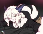  1girl artoria_pendragon_(fate) artoria_pendragon_(lancer_alter)_(fate) ass bare_shoulders blonde_hair breasts cleavage collarbone fate/grand_order fate_(series) hair_between_eyes highres horns hyperbudd large_breasts long_hair long_sleeves looking_at_viewer lying on_stomach panties sidelocks solo underwear yellow_eyes 