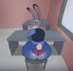  2024 absurd_res annoyed anthro big_butt blue_eyes bottomwear butt chair clothed clothing desk disney eyebrows eyelashes female frown fully_clothed fur furniture grey_body grey_fur hi_res huge_butt inside judy_hopps lagomorph leporid looking_at_viewer looking_back mammal mr_dark_and pants panty_lines rabbit shirt sitting solo table topwear translucent translucent_clothing vest wide_hips zootopia 