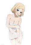  1girl absurdres bare_shoulders blonde_hair blue_eyes blush breasts cleavage collarbone coro_fae cowboy_shot hayasaka_ai head_tilt highres looking_at_viewer medium_breasts medium_hair naked_towel open_mouth parted_bangs simple_background solo towel twitter_username wet white_background 