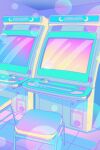  arcade arcade_cabinet astro_city controller game_console highres indoors no_humans original owakita pastel_colors stool tile_floor tiles twitter_username video_game 