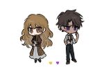  1boy 1girl ascot blush_stickers brown_dress brown_eyes brown_hair catherine_(project_moon) chibi commentary curly_hair dark-skinned_male dark_skin dress frilled_dress frilled_sleeves frills full_body hand_in_pocket heart heathcliff_(project_moon) highres limbus_company long_hair necktie orange_hair own_hands_together parted_lips project_moon purple_eyes red_necktie scar scar_on_arm scratching_cheek short_hair slugrab smile symbol-only_commentary white_background 