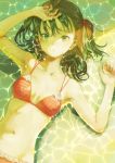  armpits arms_up bikini brown_hair commentary_request green_eyes highres kagari_(kgr_000) long_hair looking_at_viewer lying navel on_back original swimsuit two_side_up water_surface wet wet_hair 