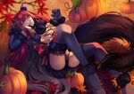 1girl animal_ears artist_name ass autumn_leaves baobhan_sith_(fate) bare_shoulders black_panties breasts claw_pose cosplay detached_sleeves elbow_gloves fake_animal_ears fangs fate/grand_order fate_(series) full_body fur-trimmed_legwear fur-trimmed_sleeves fur_trim gloves grey_eyes halloween high_heels long_hair looking_at_viewer lying mash_kyrielight mash_kyrielight_(dangerous_beast) mash_kyrielight_(dangerous_beast)_(cosplay) on_back open_mouth panties pink_hair pumpkin purple_gloves revealing_clothes sigriddis smile solo tail teeth thighhighs underwear upper_teeth_only wolf_ears 
