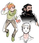  3boys arm_behind_head arm_up beard beard_over_mouth black_eyes black_shirt brown_hair brown_pants chilchuck_tims collared_shirt dungeon_meshi facial_hair full_body green_footwear hair_bun head_tilt highres laios_touden large_ears light_brown_hair long_hair long_sleeves looking_at_viewer male_focus multiple_boys one_eye_closed open_mouth orange_hair pants portrait robodumpling senshi_(dungeon_meshi) shirt short_hair short_sleeves simple_background single_hair_bun sitting undercut upper_body very_short_hair white_background white_shirt yellow_eyes 