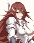  1girl armor bikini_boody breasts closed_mouth cordelia_(fire_emblem) english_commentary fire_emblem fire_emblem_awakening hair_between_eyes hair_ornament highres long_hair looking_at_viewer medium_breasts red_eyes red_hair simple_background smile solo upper_body very_long_hair white_background wing_hair_ornament 