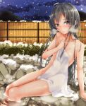 1girl ahoge arm_support bamboo_fence black_hair blush breasts bush closed_mouth collarbone covering_privates fence grey_eyes light_smile long_hair looking_at_viewer naked_towel night night_sky nude_cover onsen outdoors sarujie_(broken_monky) sitting sky small_breasts snowing solo steam stone_floor thighs towel wading water wet wet_towel white_towel yahari_ore_no_seishun_lovecome_wa_machigatteiru. yukinoshita_yukino 