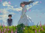  1boy 1girl aged_down arms_at_sides blue_sky brown_hair catherine_(project_moon) dress dress_shirt falling_petals floating_hair flower grass heathcliff_(project_moon) highres ieung_ieung_94286317 korean_commentary limbus_company long_hair looking_at_viewer looking_back petals project_moon purple_flower shirt sky white_dress 