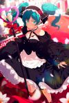  1girl absurdres apron aqua_hair asami-chan black_dress blue_eyes blurry blurry_background choker collarbone dress floating_hair gothic_lolita hairband hatsune_miku highres holding holding_staff lolita_fashion lolita_hairband long_hair long_sleeves nail_polish red_nails solo staff standing standing_on_one_leg twintails vocaloid waist_apron white_apron white_choker 