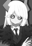  1girl absurdres black_nails black_necktie black_sclera blunt_sidelocks closed_mouth collared_shirt colored_sclera colored_skin demon_girl demon_horns expressionless flat_color funamusea fur-trimmed_jacket fur_trim genderswap genderswap_(mtf) grey_background haiiro_teien hand_on_own_arm highres horns jacket kcalb_(funamusea) lizi long_hair looking_at_viewer necktie shirt sidelocks simple_background solo upper_body white_eyes white_hair white_shirt white_skin 