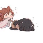  2girls :3 animal_ears bang_dream! belt black_hair blush bow bowtie brown_belt brown_dress brown_hair cat_ears cat_girl cat_tail chibi closed_eyes commentary_request dress grey_jacket hair_ornament hanasakigawa_school_uniform haneoka_school_uniform highres imai_lisa jacket kemonomimi_mode long_hair long_sleeves minato_yukina multiple_girls no_mouth pleated_dress red_bow red_bowtie sailor_collar sailor_dress school_uniform shirokane_rinko shirt sidelocks simple_background sleeping sou_(kanade_3344) tail translation_request white_background white_sailor_collar 