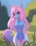  2023 ahoge alternate_version_at_paywall anthro blue_body blue_fur blurred_background breasts canid canine canis claws countershading domestic_dog eyelashes featureless_breasts featureless_crotch female fur hair heart_eyes heart_symbol hi_res husky kolae kolae_(character) looking_at_viewer mammal navel nordic_sled_dog nude outside pink_hair playing_with_hair reverse_countershading shaded signature smile soft_shading solo spitz tail 