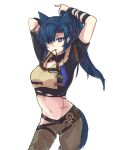  1girl animal_ears arknights arms_up astrograph21 black_shirt blue_eyes blue_hair breasts commentary cowboy_shot crop_top fang_(arknights) fang_the_fire_sharpened_(arknights) grey_pants long_hair medium_breasts midriff navel pants ponytail shirt short_sleeves simple_background solo standing stomach tail torn_clothes white_background 